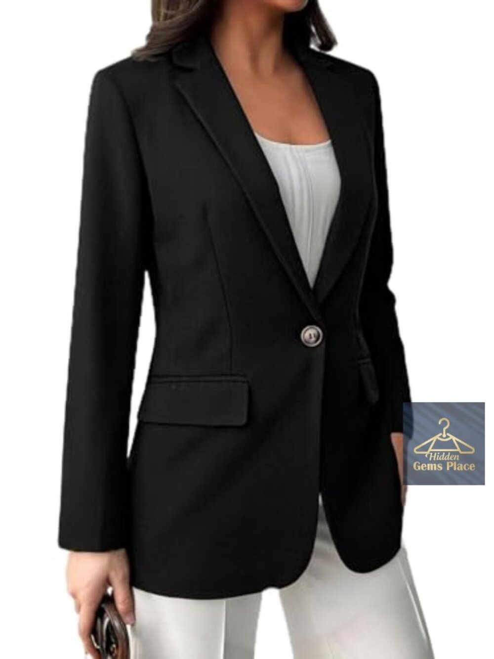 Womens Long Sleeve Single Button Notch Lapel Business Blazer with Pockets